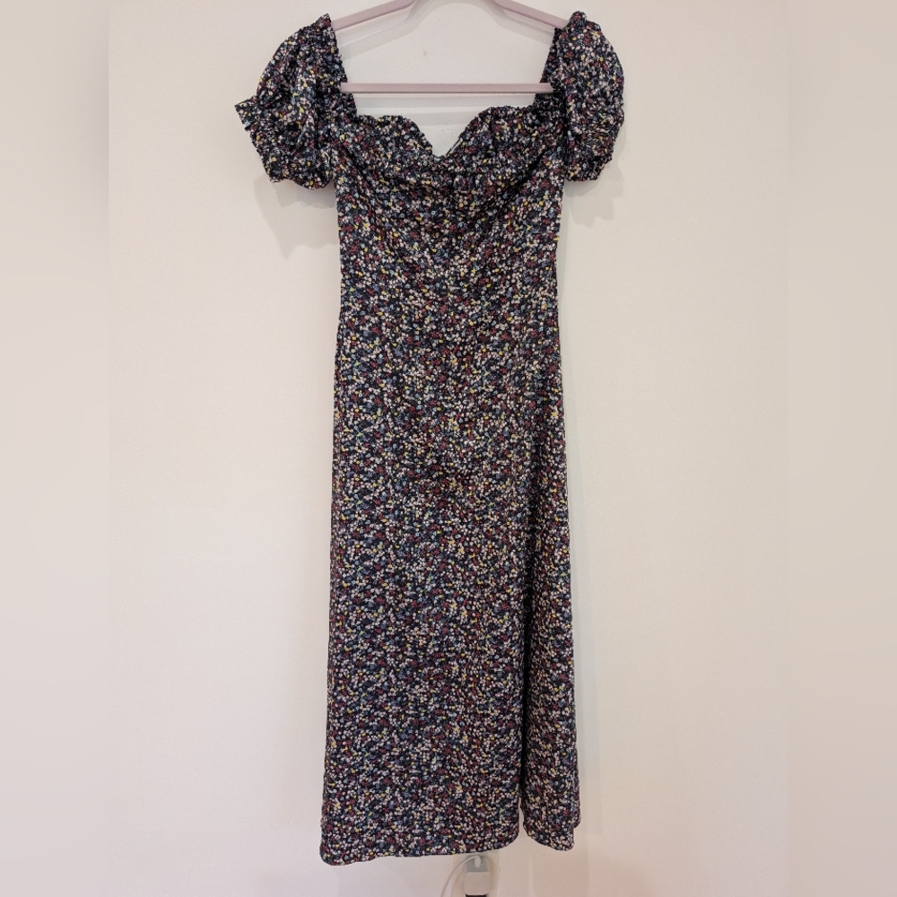 OVERTHESEA Japan Silk Floral Long Fall Dress With cap Sleeves, Slit, Size Sm